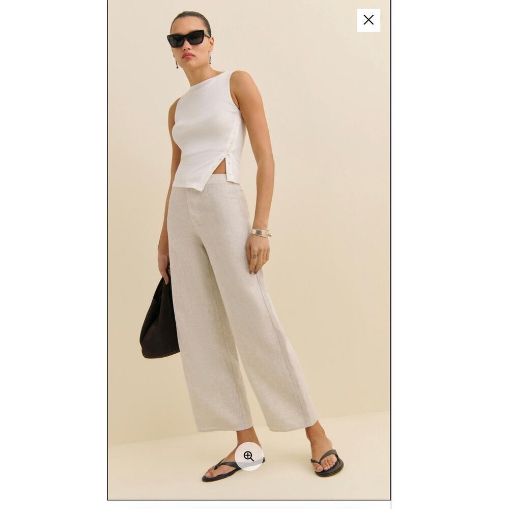 Reformation Joni Linen Black and White Cropped High Rise Wide Leg Pant 10
